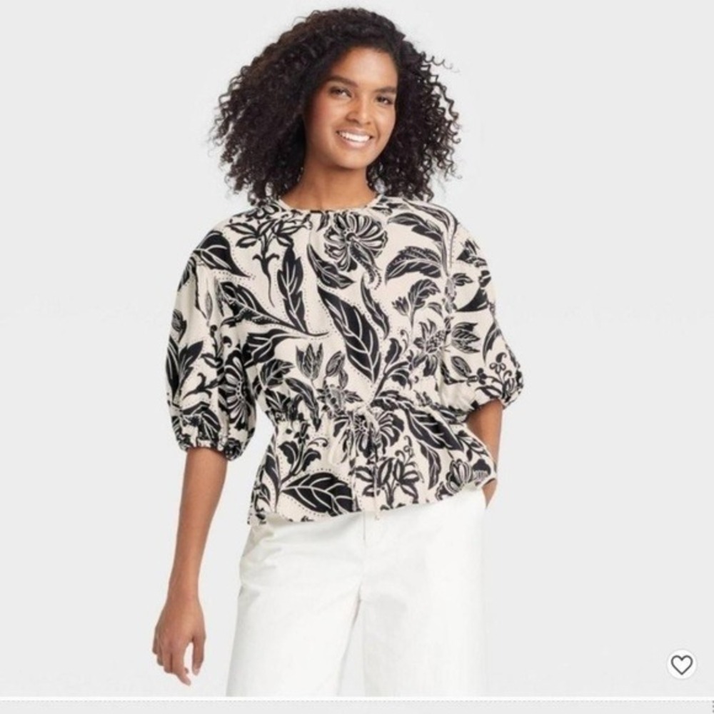 Who What Wear Womens Floral Peplum Top Size XL Black Linen Blend Puff Sleeve
